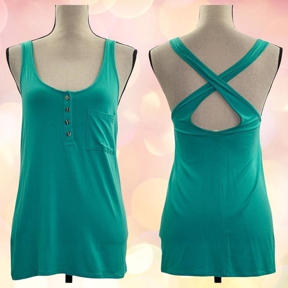 ZENANA Outfitters Teal Blue Criss-Cross Back Quarter Button Henley Pocket Tank - Picture 11 of 12